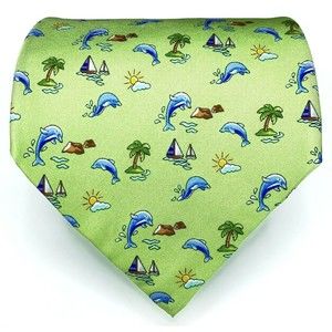Jos. A. Bank Tie Dolphins Beach Palms Sailboats Green Hand-sewn All Silk Necktie